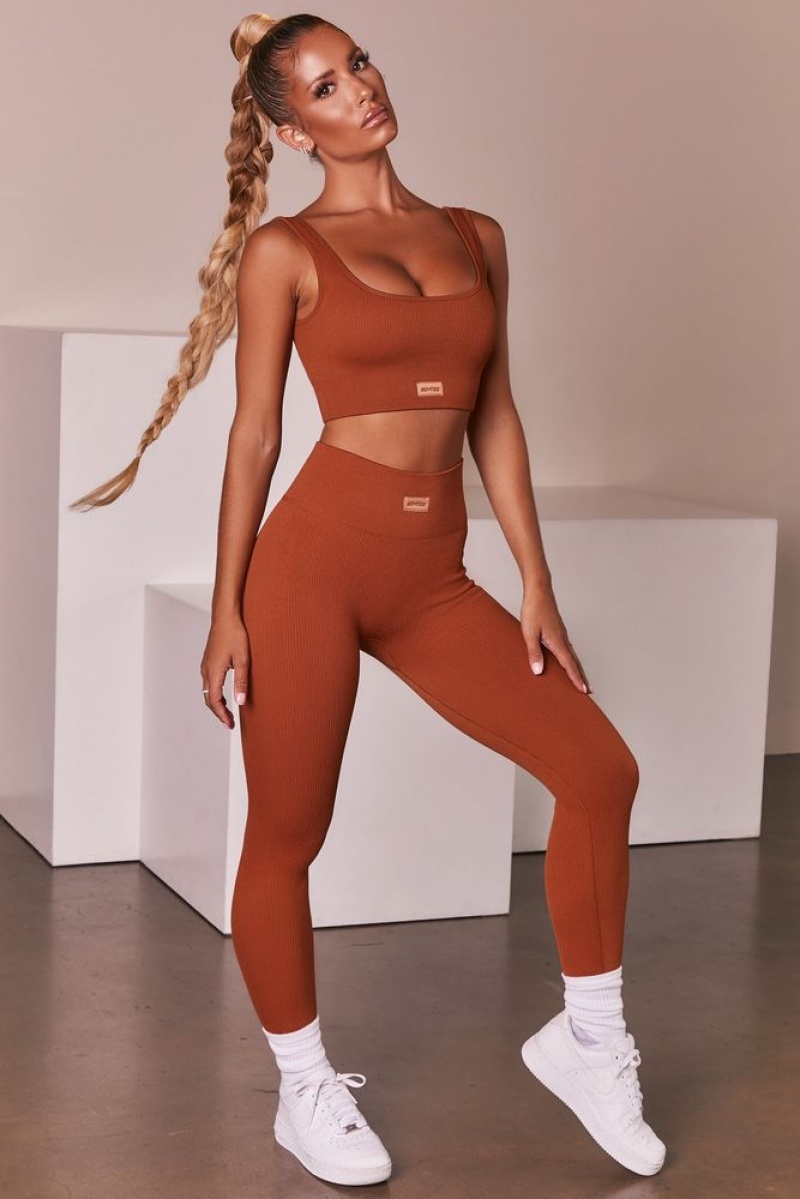 Light Brown Oh Polly Ribbed Full Length Leggings | HWQY-70148