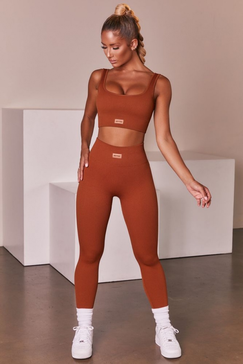 Light Brown Oh Polly Ribbed Full Length Leggings | HWQY-70148