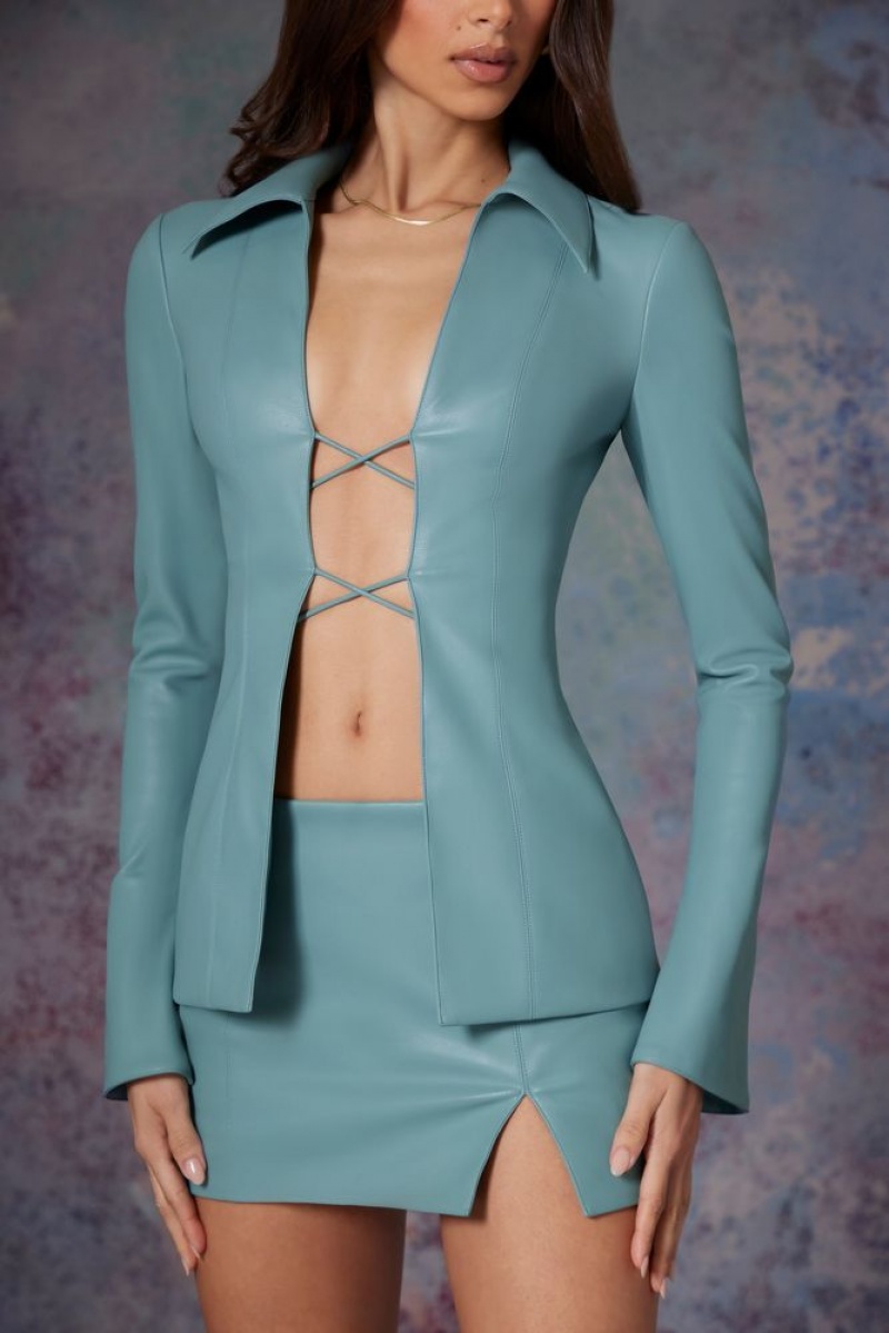 Light Teal Oh Polly Ramona Tie Front Vegan Leather Shirt | JMFQ-16842