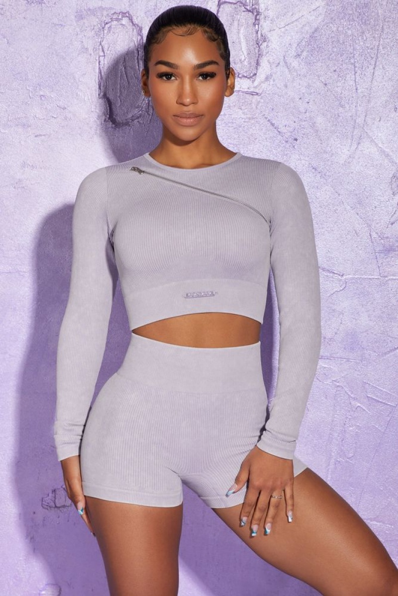 Lilac Oh Polly Agile Long Sleeve High Neck Zip Crop Top | XKCG-75102