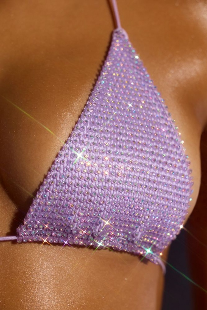 Lilac Oh Polly Embellished Swim Halter Neck Triangle Bikini Top | SKFV-81042