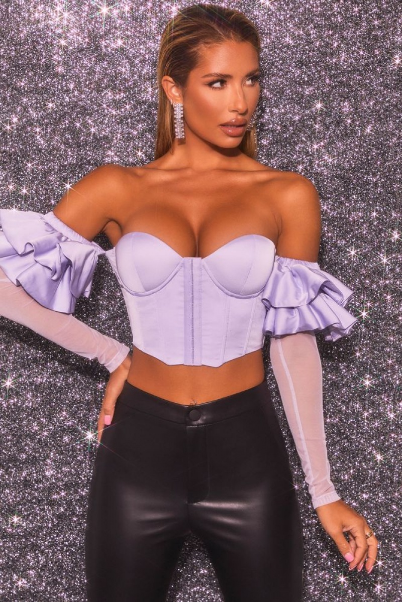 Lilac Oh Polly Love Charm Bardot Long Ruffle Sleeve Corset Crop Top | WCED-37945