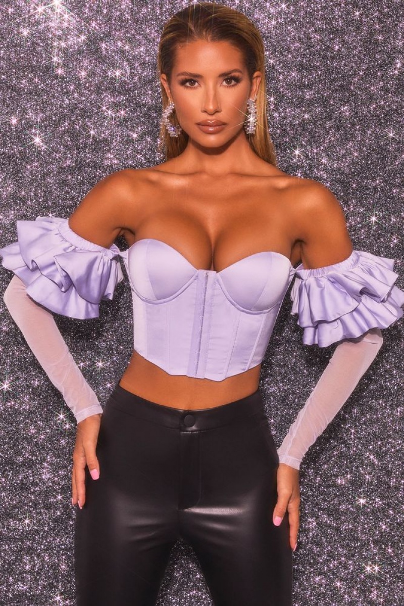 Lilac Oh Polly Love Charm Bardot Long Ruffle Sleeve Corset Crop Top | WCED-37945