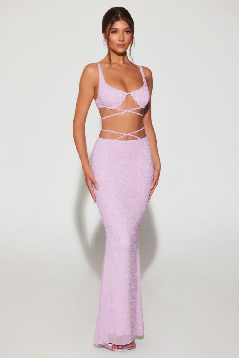 Lilac Oh Polly Sardinia Embellished Strappy Maxi Skirt | OYDV-14957