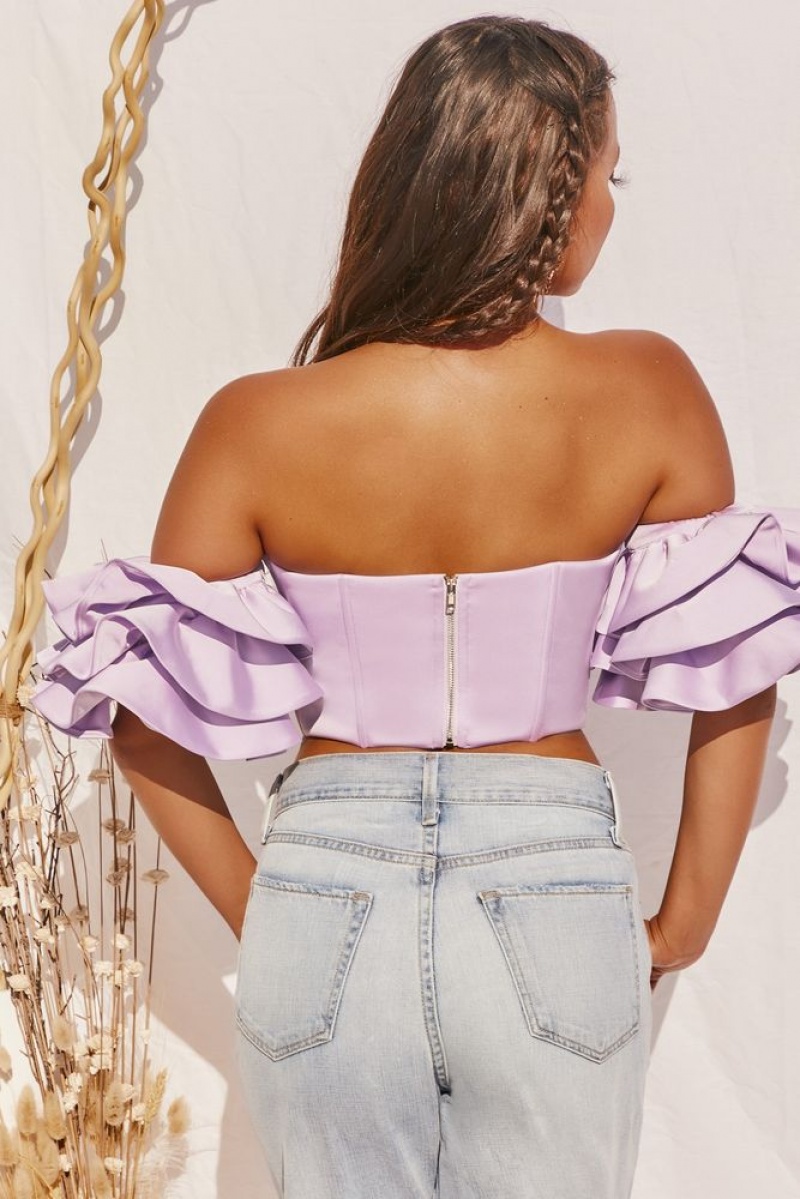 Lilac Oh Polly Sweet Bliss Bardot Ruffle Sleeve Crop Top | JUCD-24136