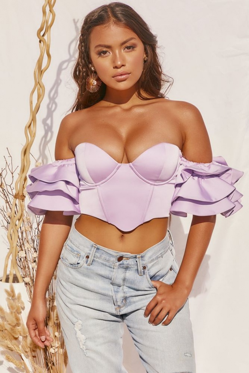 Lilac Oh Polly Sweet Bliss Bardot Ruffle Sleeve Crop Top | JUCD-24136