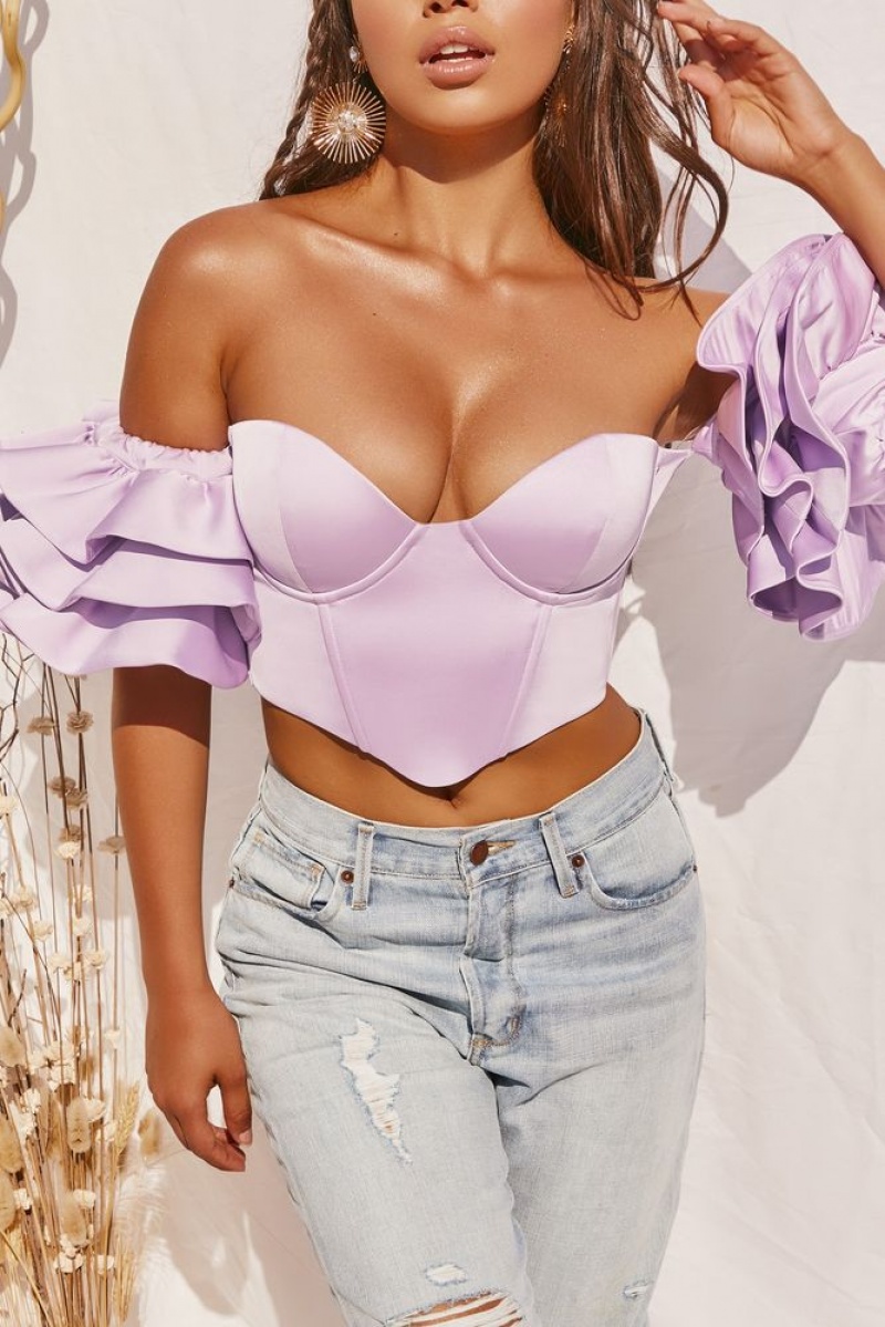 Lilac Oh Polly Sweet Bliss Bardot Ruffle Sleeve Crop Top | JUCD-24136