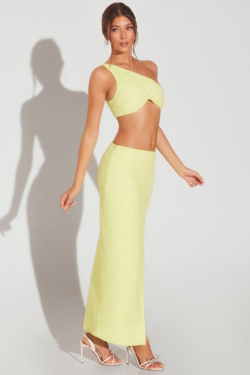 Lime Green Oh Polly Trieste Embellished Side Split Maxi Skirt | GKRW-52374