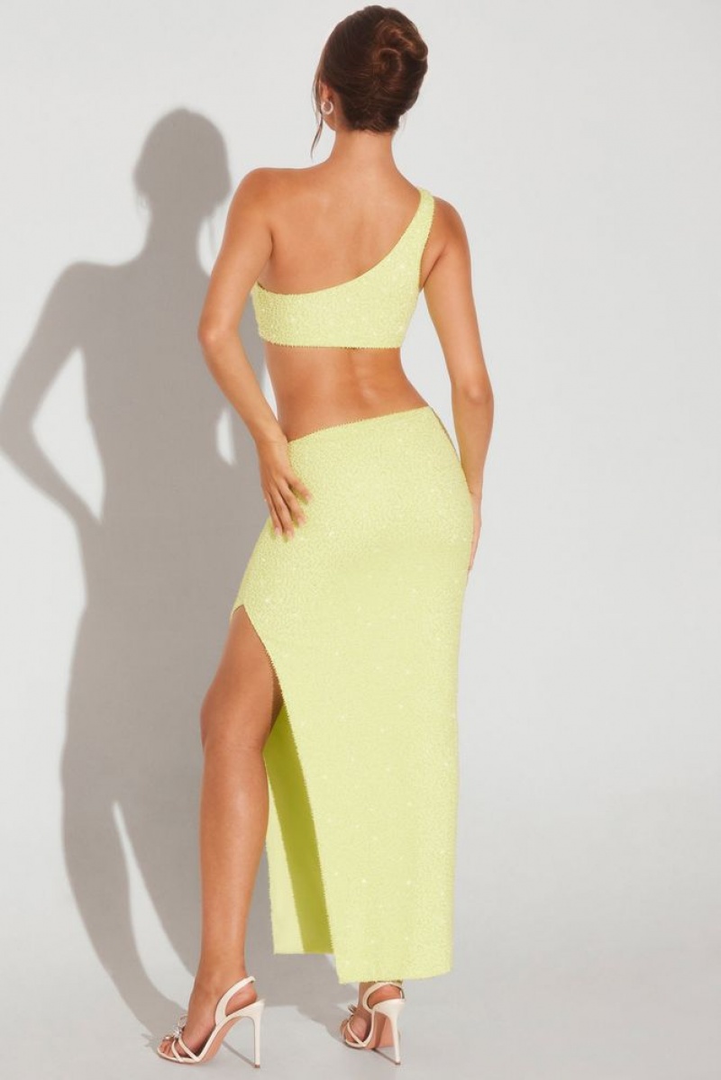 Lime Green Oh Polly Trieste Embellished Side Split Maxi Skirt | GKRW-52374