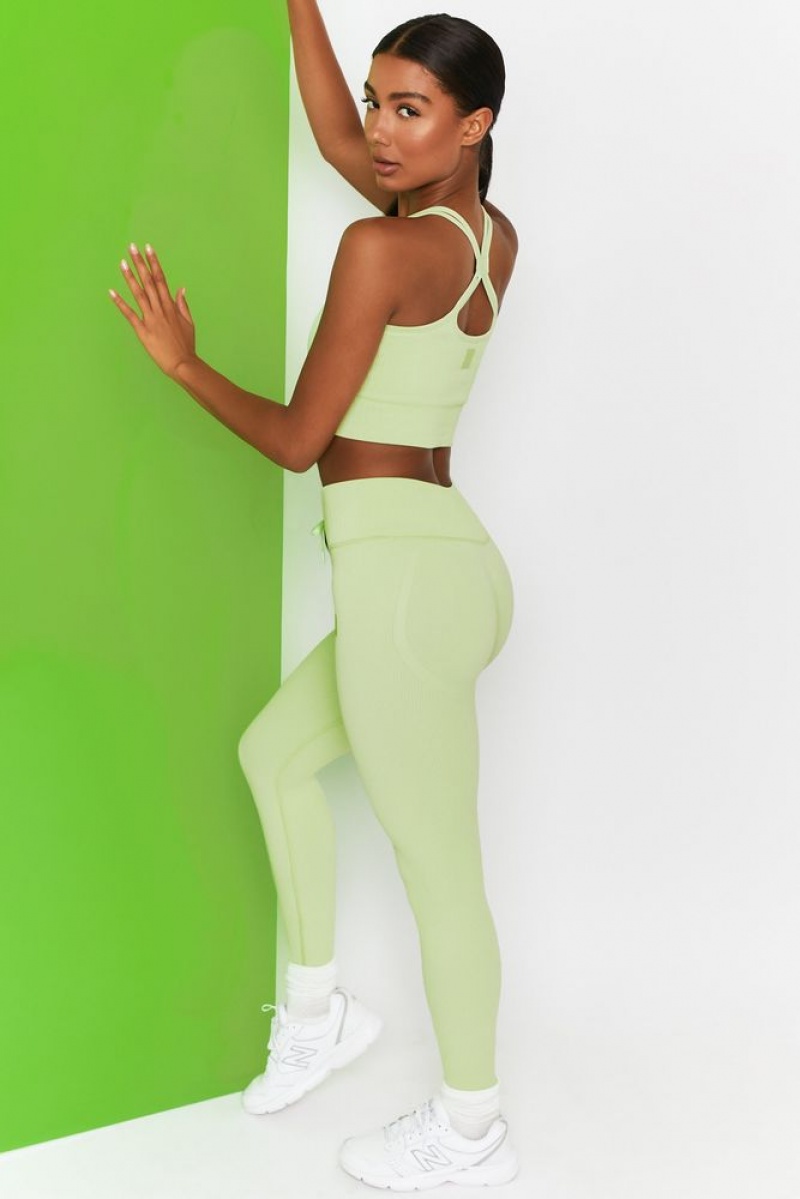 Lime Oh Polly Energise Petite Ribbed Tie Front Full Length Leggings | FOGL-73925