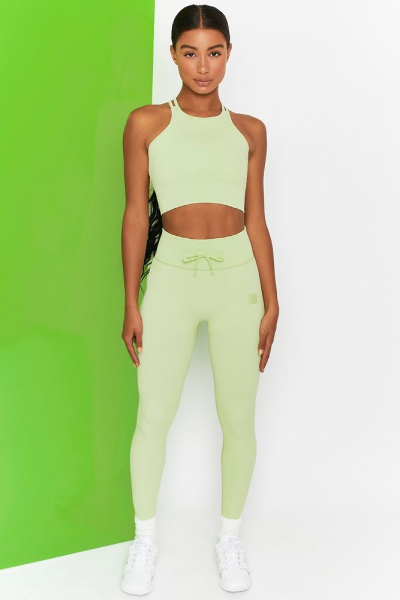 Lime Oh Polly Energise Ribbed Tie Front Full Length Leggings | TQGL-31249