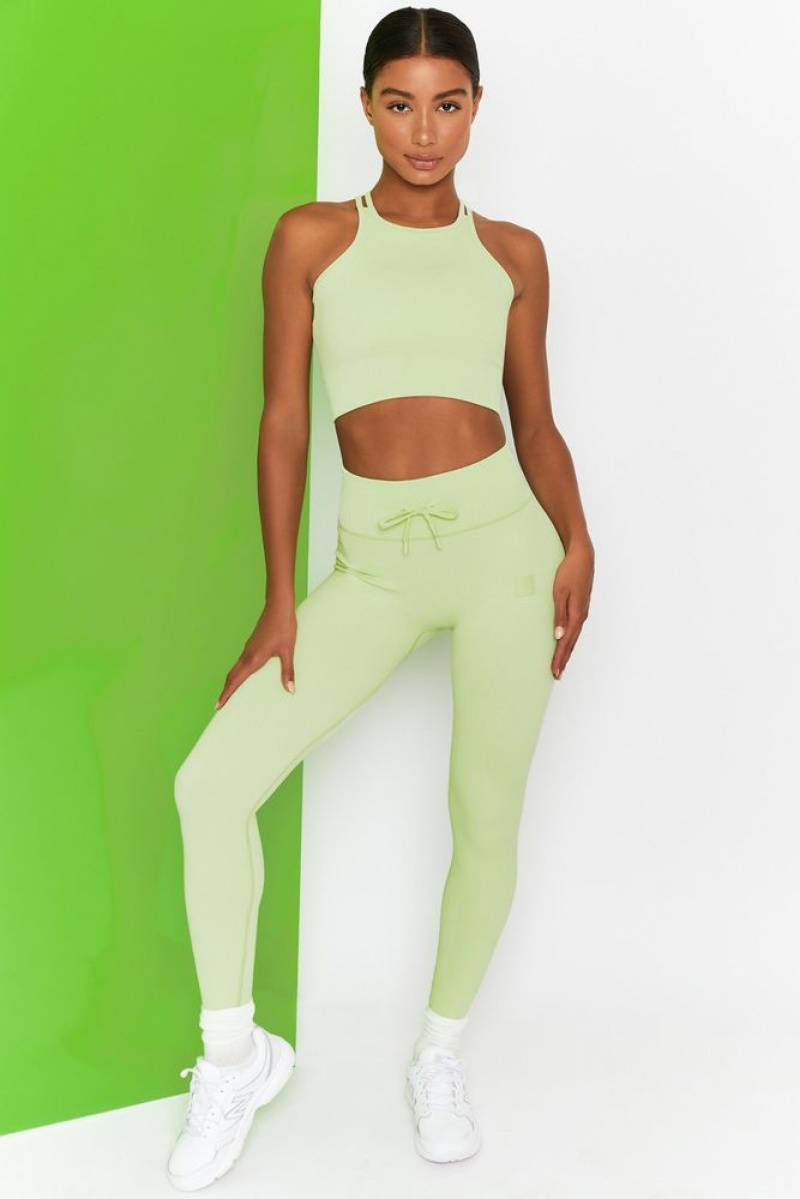 Lime Oh Polly Energise Ribbed Tie Front Full Length Leggings | TQGL-31249