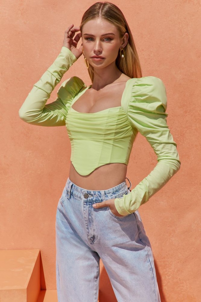 Lime Oh Polly Good Life Puff Shoulder Crop Top | RZJI-27930