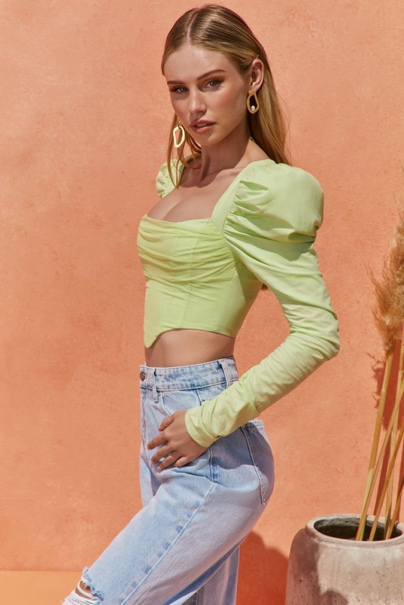 Lime Oh Polly Good Life Puff Shoulder Crop Top | RZJI-27930