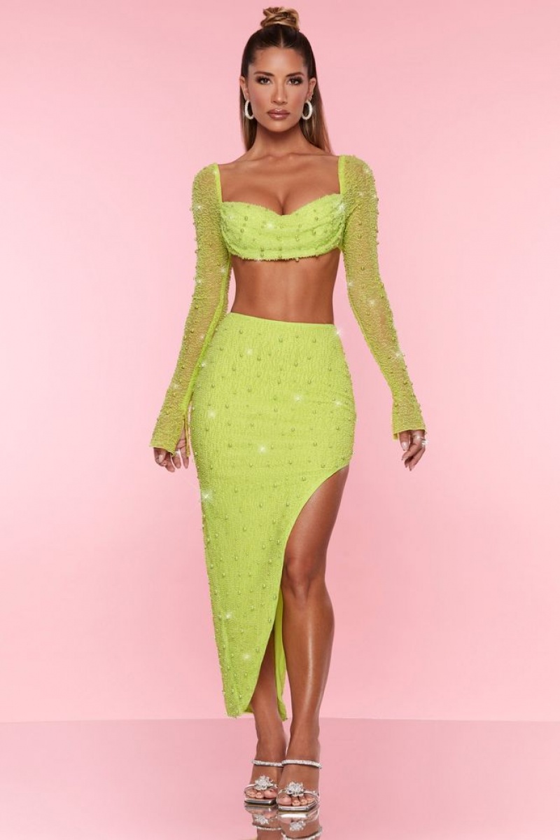 Lime Oh Polly La Desirade Embellished Cowl Neck Crop Top | FCQV-54209