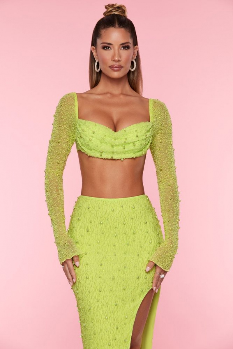 Lime Oh Polly La Desirade Embellished Cowl Neck Crop Top | FCQV-54209