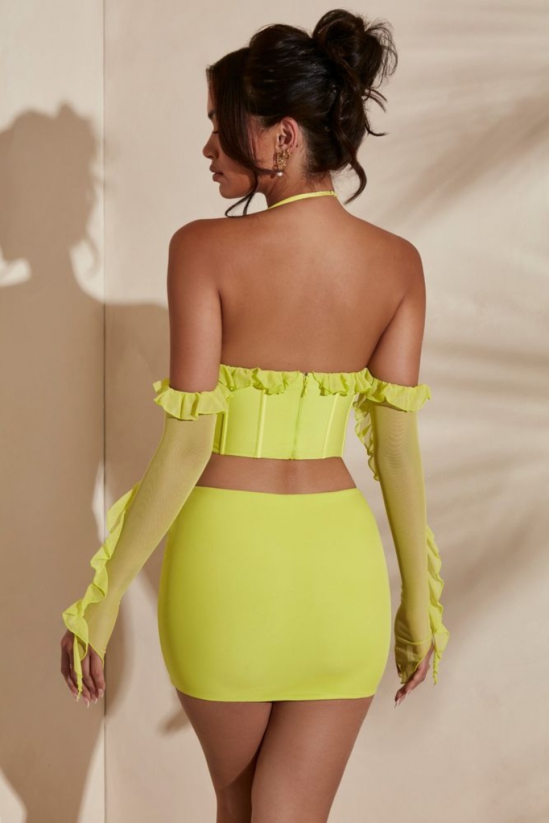 Lime Oh Polly Noemi Long Sleeve Cowl Neck Corset Crop Top | HZIW-70318