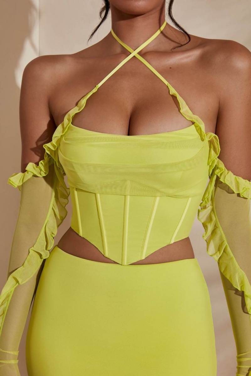 Lime Oh Polly Noemi Long Sleeve Cowl Neck Corset Crop Top | HZIW-70318