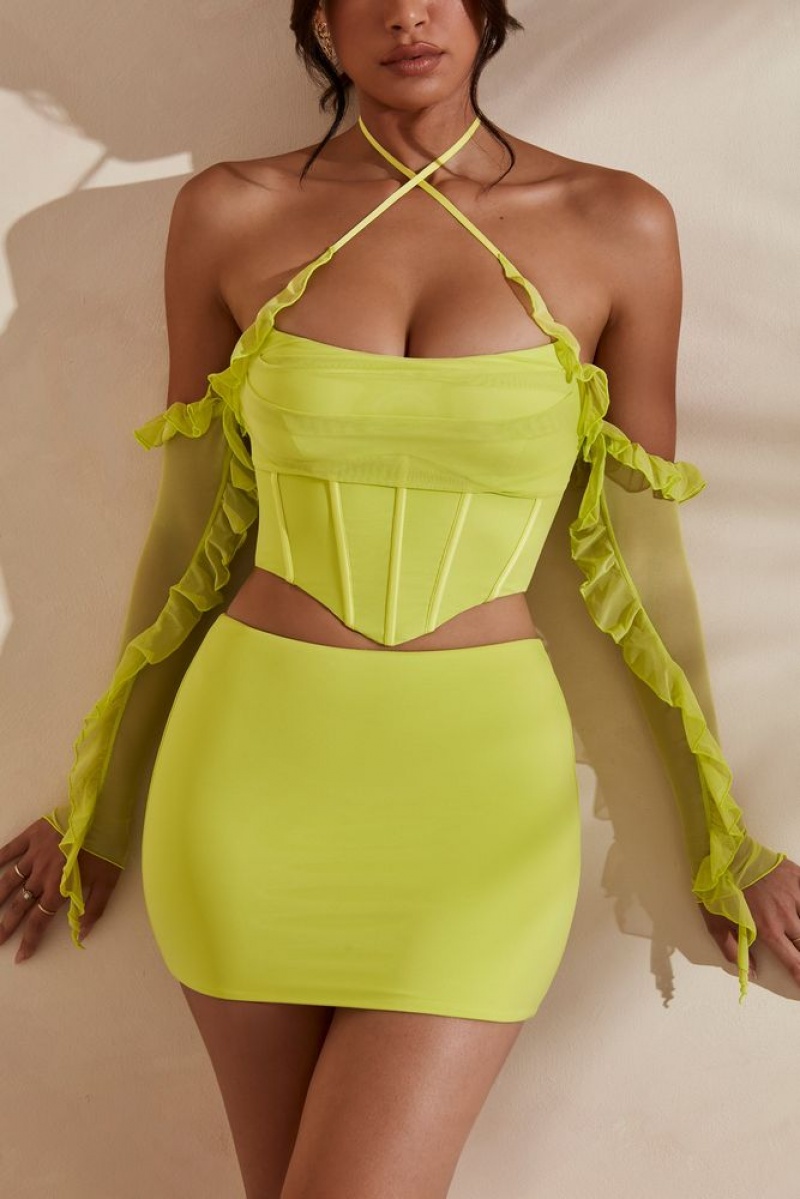 Lime Oh Polly Noemi Long Sleeve Cowl Neck Corset Crop Top | HZIW-70318