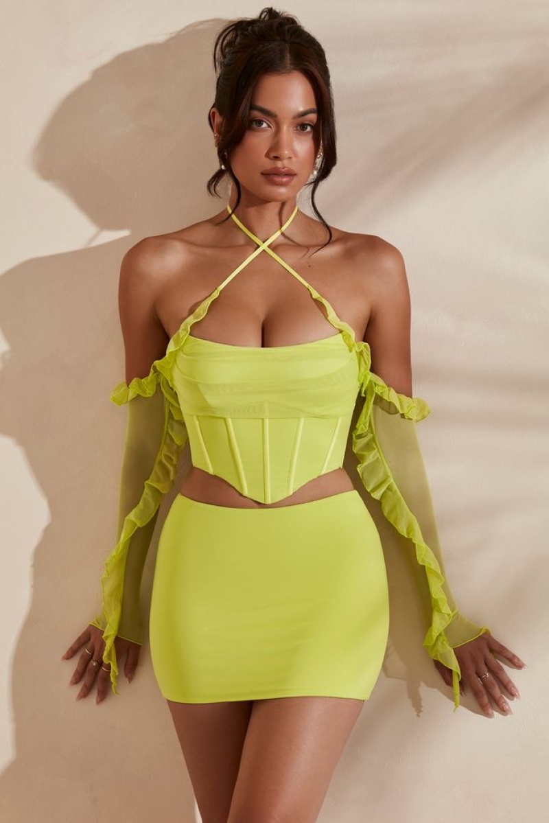 Lime Oh Polly Noemi Long Sleeve Cowl Neck Corset Crop Top | HZIW-70318