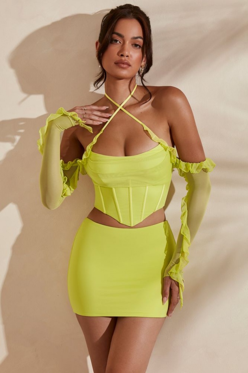 Lime Oh Polly Noemi Long Sleeve Cowl Neck Corset Crop Top | HZIW-70318