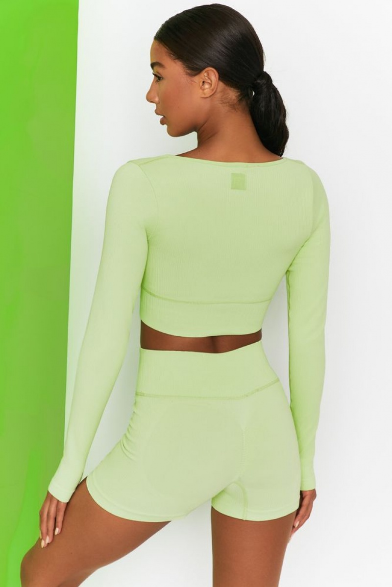 Lime Oh Polly Time Check Ribbed Long Sleeve Crop Top | OQKC-90712