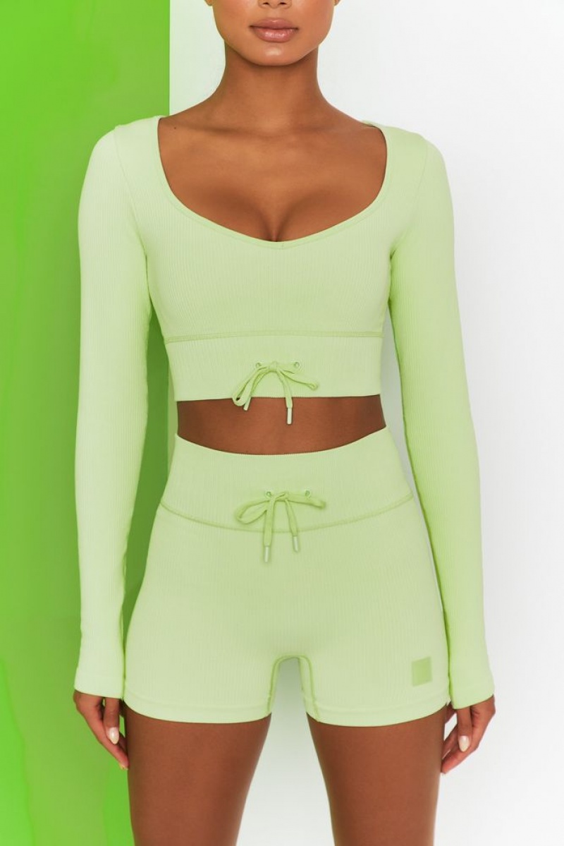 Lime Oh Polly Time Check Ribbed Long Sleeve Crop Top | OQKC-90712