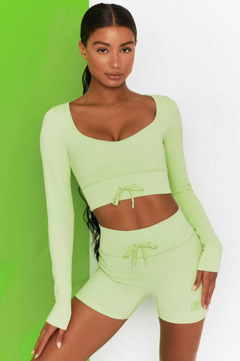 Lime Oh Polly Time Check Ribbed Long Sleeve Crop Top | OQKC-90712