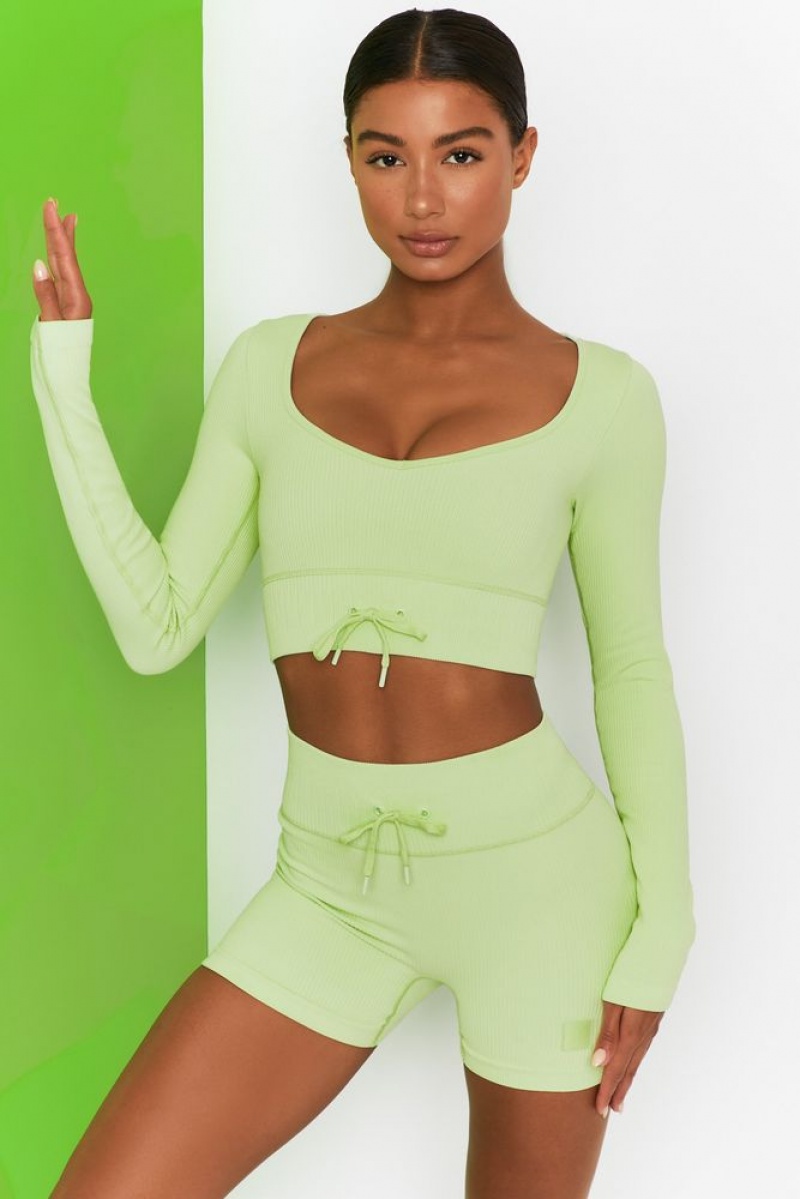 Lime Oh Polly Time Check Ribbed Long Sleeve Crop Top | OQKC-90712