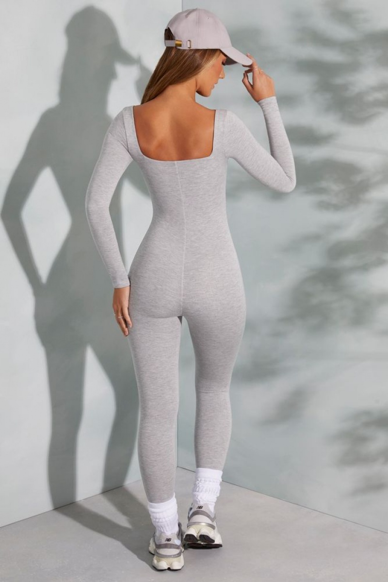 Marled Grey Oh Polly Delanie Tall Square Neck Long Sleeve Jumpsuit | LSGI-28961