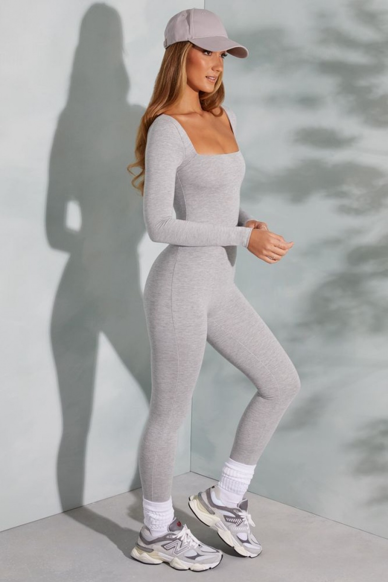 Marled Grey Oh Polly Delanie Tall Square Neck Long Sleeve Jumpsuit | LSGI-28961