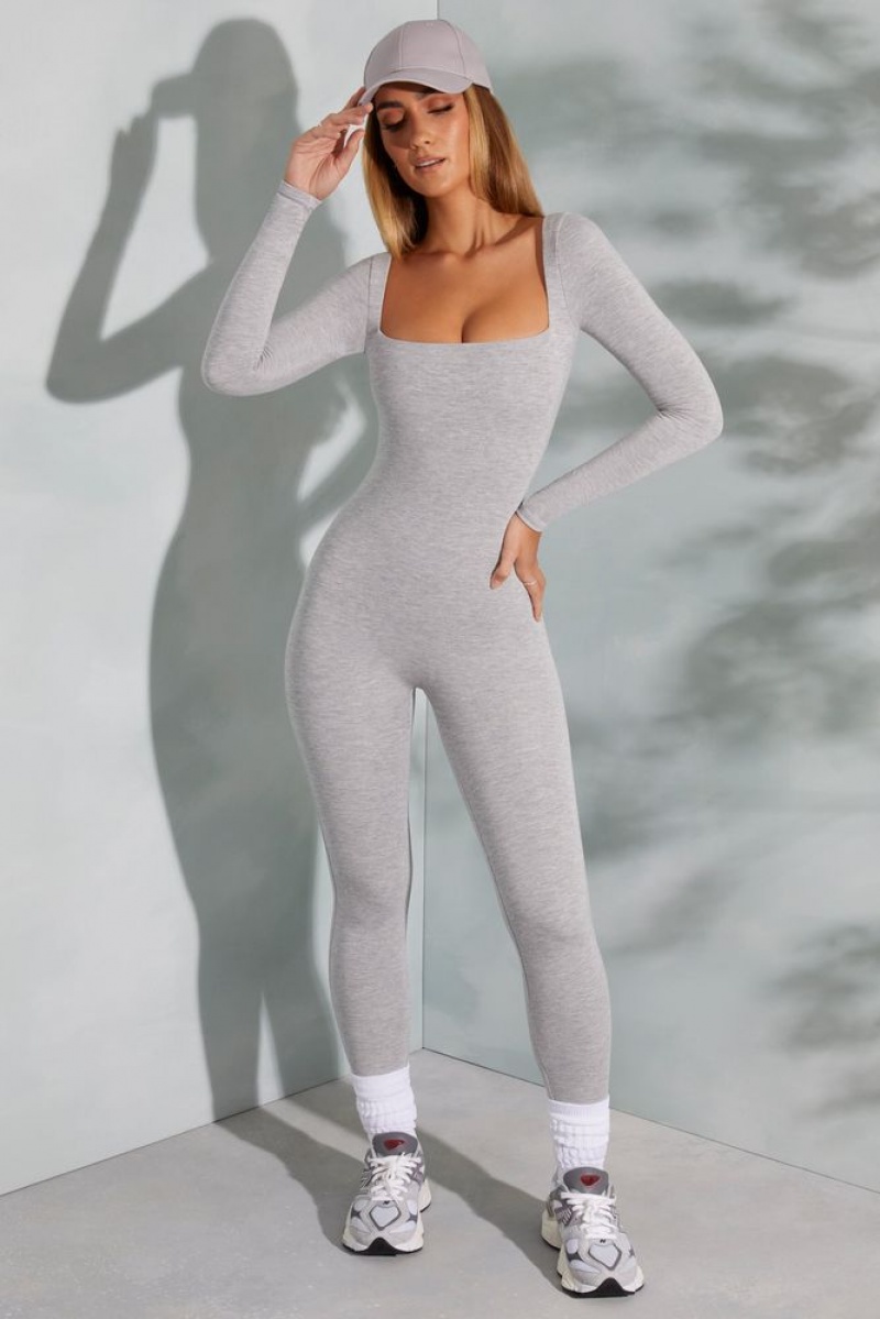 Marled Grey Oh Polly Delanie Tall Square Neck Long Sleeve Jumpsuit | LSGI-28961