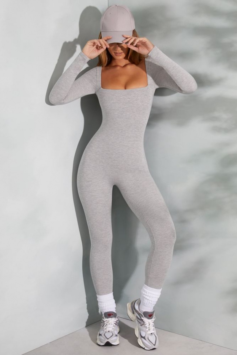 Marled Grey Oh Polly Delanie Tall Square Neck Long Sleeve Jumpsuit | LSGI-28961