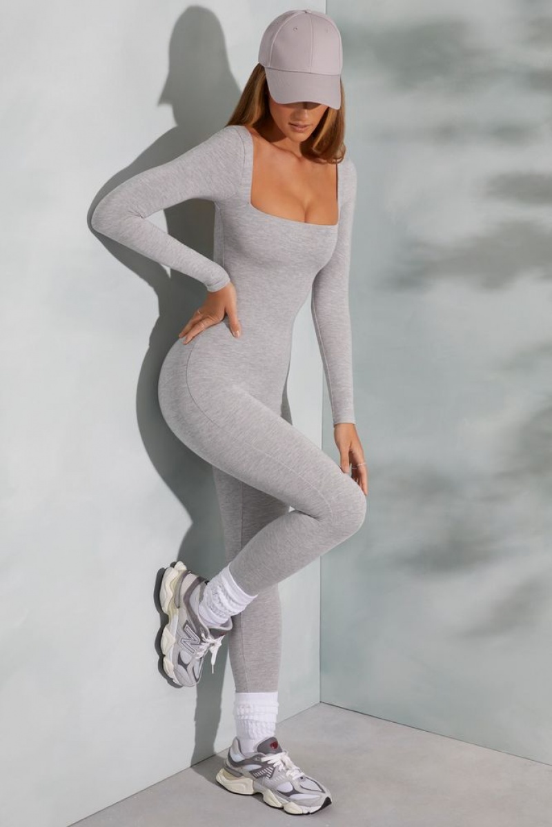 Marled Grey Oh Polly Delanie Tall Square Neck Long Sleeve Jumpsuit | LSGI-28961