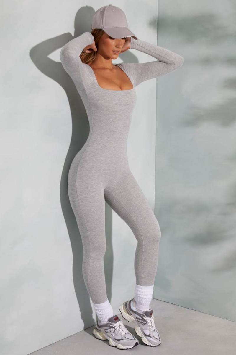 Marled Grey Oh Polly Delanie Tall Square Neck Long Sleeve Jumpsuit | LSGI-28961