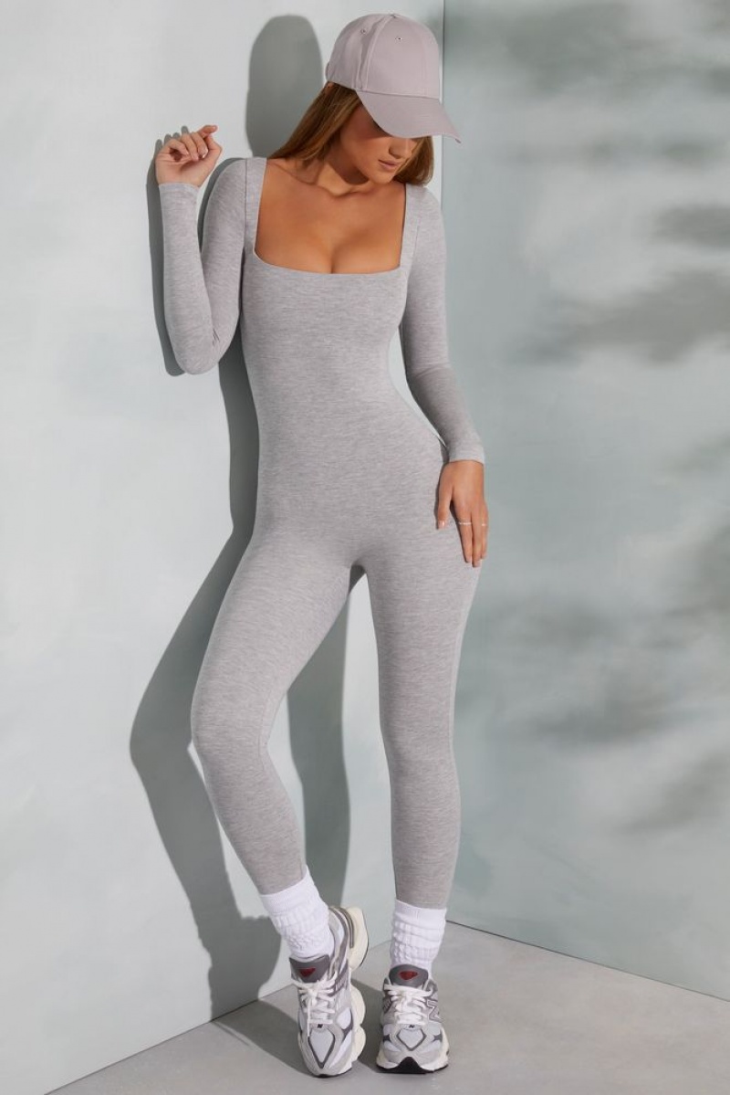 Marled Grey Oh Polly Delanie Tall Square Neck Long Sleeve Jumpsuit | LSGI-28961