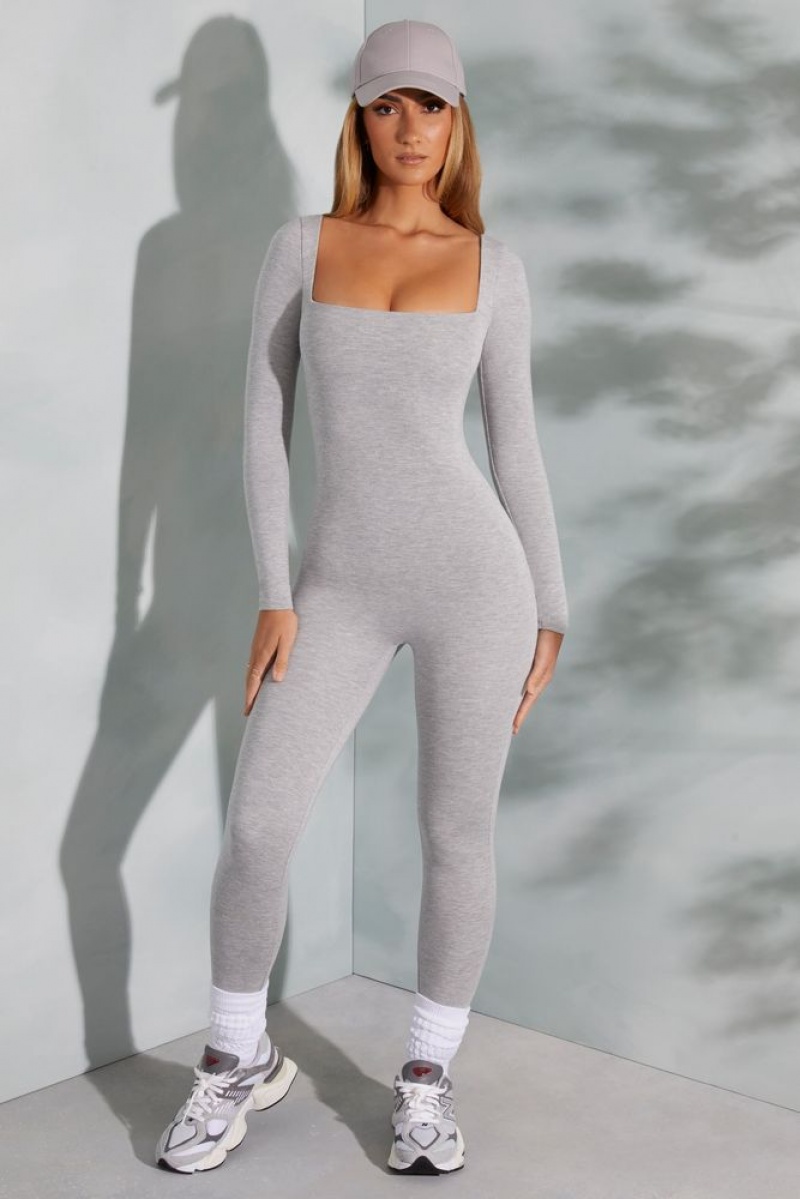 Marled Grey Oh Polly Delanie Tall Square Neck Long Sleeve Jumpsuit | LSGI-28961