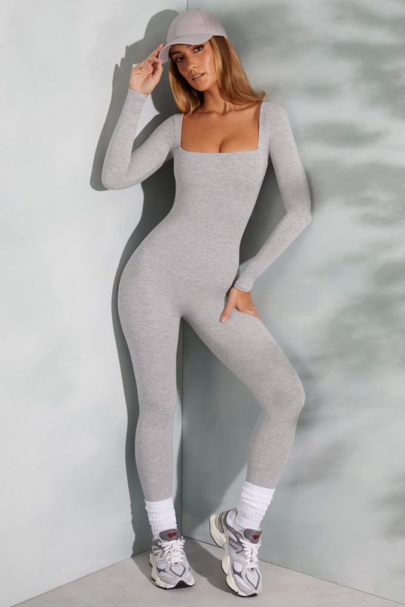 Marled Grey Oh Polly Delanie Tall Square Neck Long Sleeve Jumpsuit | LSGI-28961