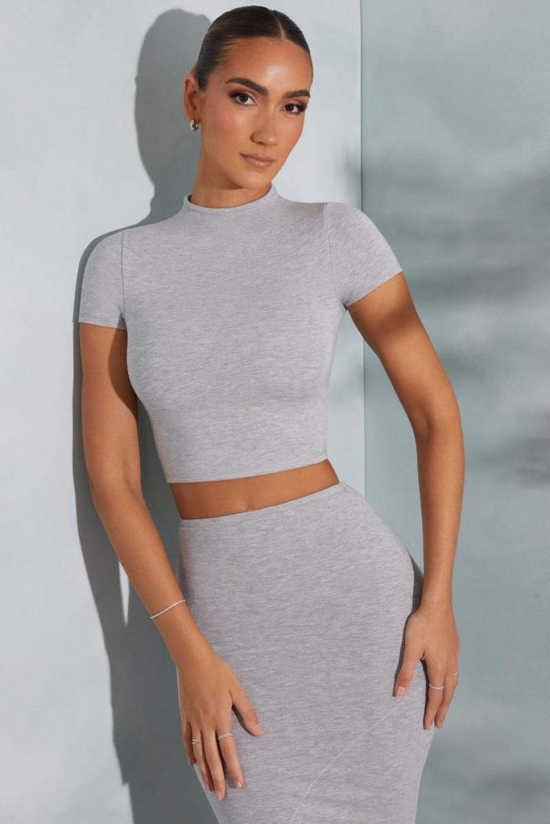 Marled Grey Oh Polly Irie Contrast Stitch Turtleneck Crop Top | QBUH-28507