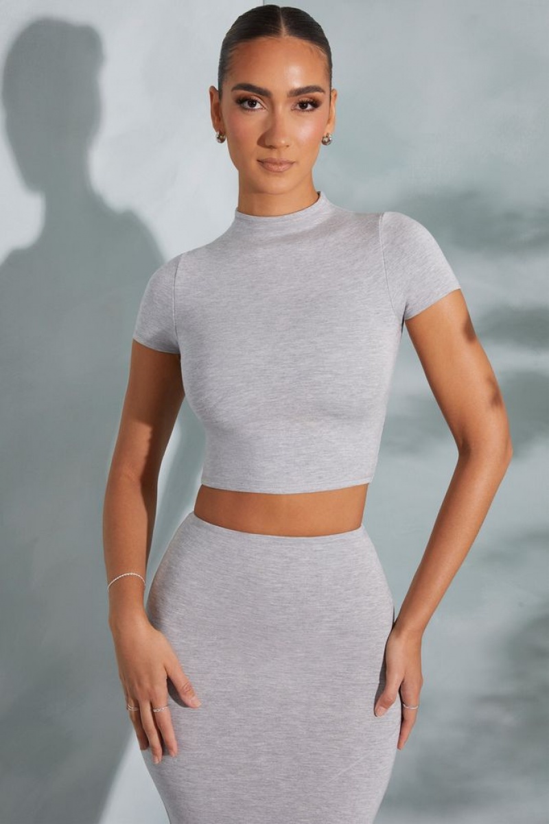 Marled Grey Oh Polly Irie Contrast Stitch Turtleneck Crop Top | QBUH-28507