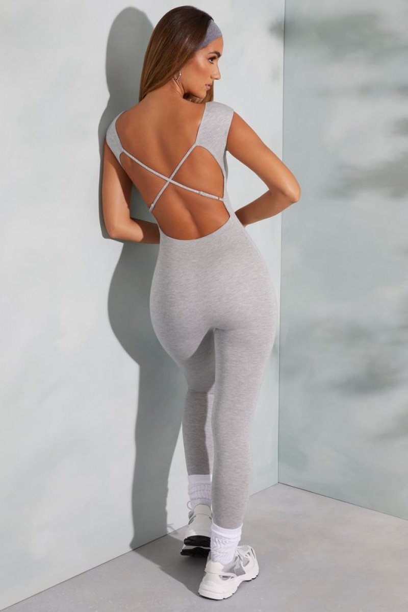 Marled Grey Oh Polly Sabrina Open Back Scoop Neck Jumpsuit | ZYIS-25901