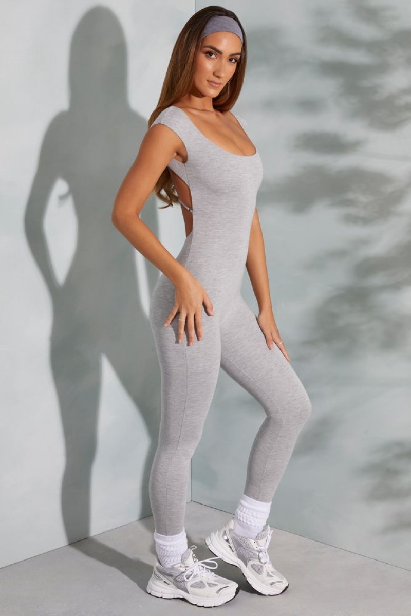 Marled Grey Oh Polly Sabrina Open Back Scoop Neck Jumpsuit | ZYIS-25901