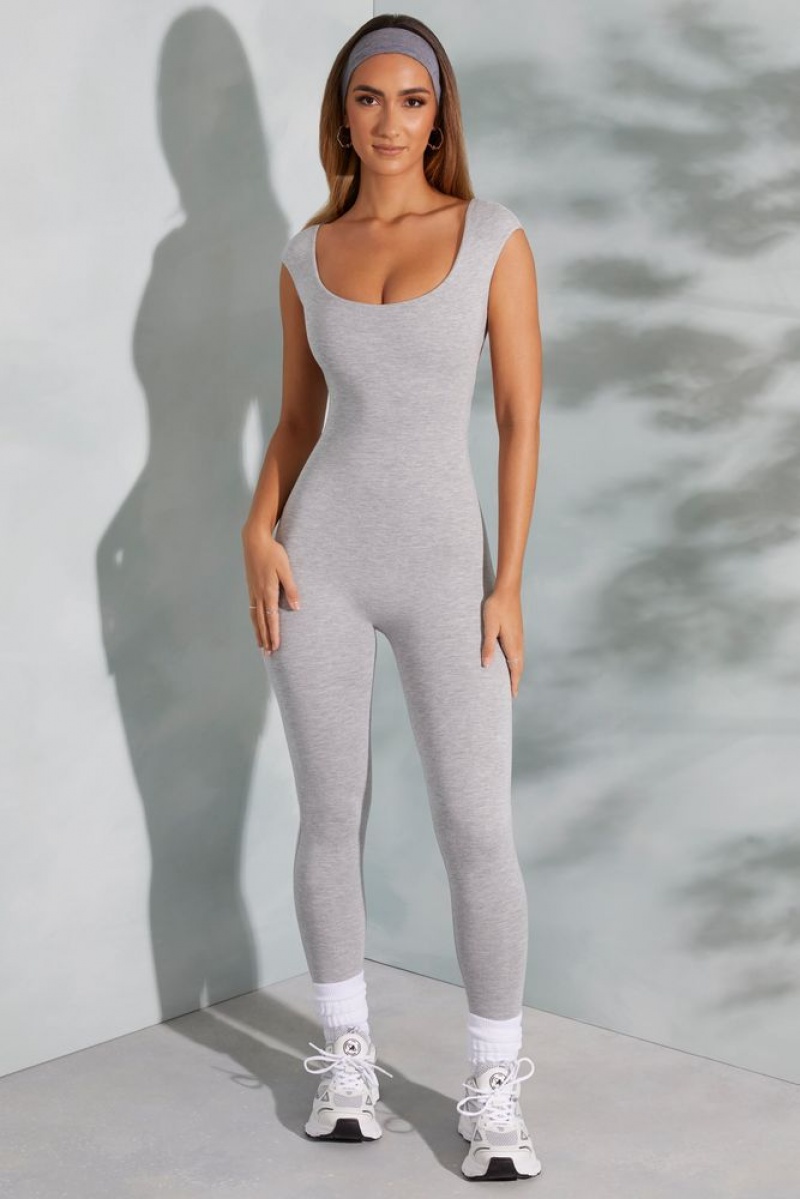 Marled Grey Oh Polly Sabrina Open Back Scoop Neck Jumpsuit | ZYIS-25901