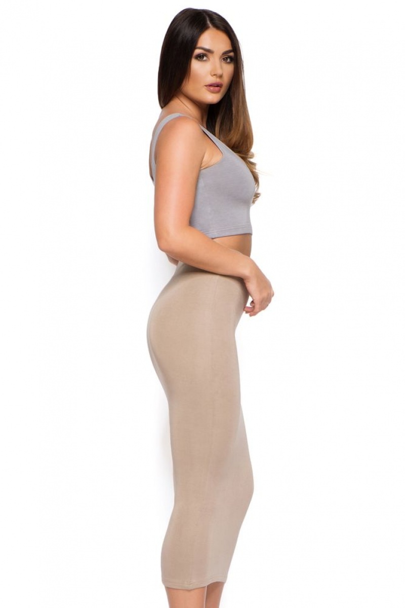 Mocha Oh Polly Behind The Curve High Waisted Midi Skirt | DLCH-97562