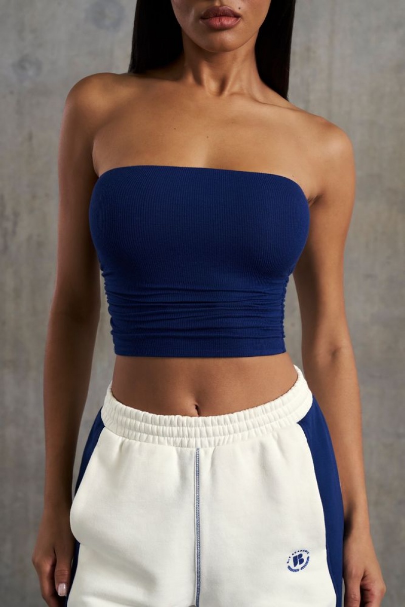 Navy Oh Polly Ability Soft Rib Ruched Bandeau Top | VHBW-73490