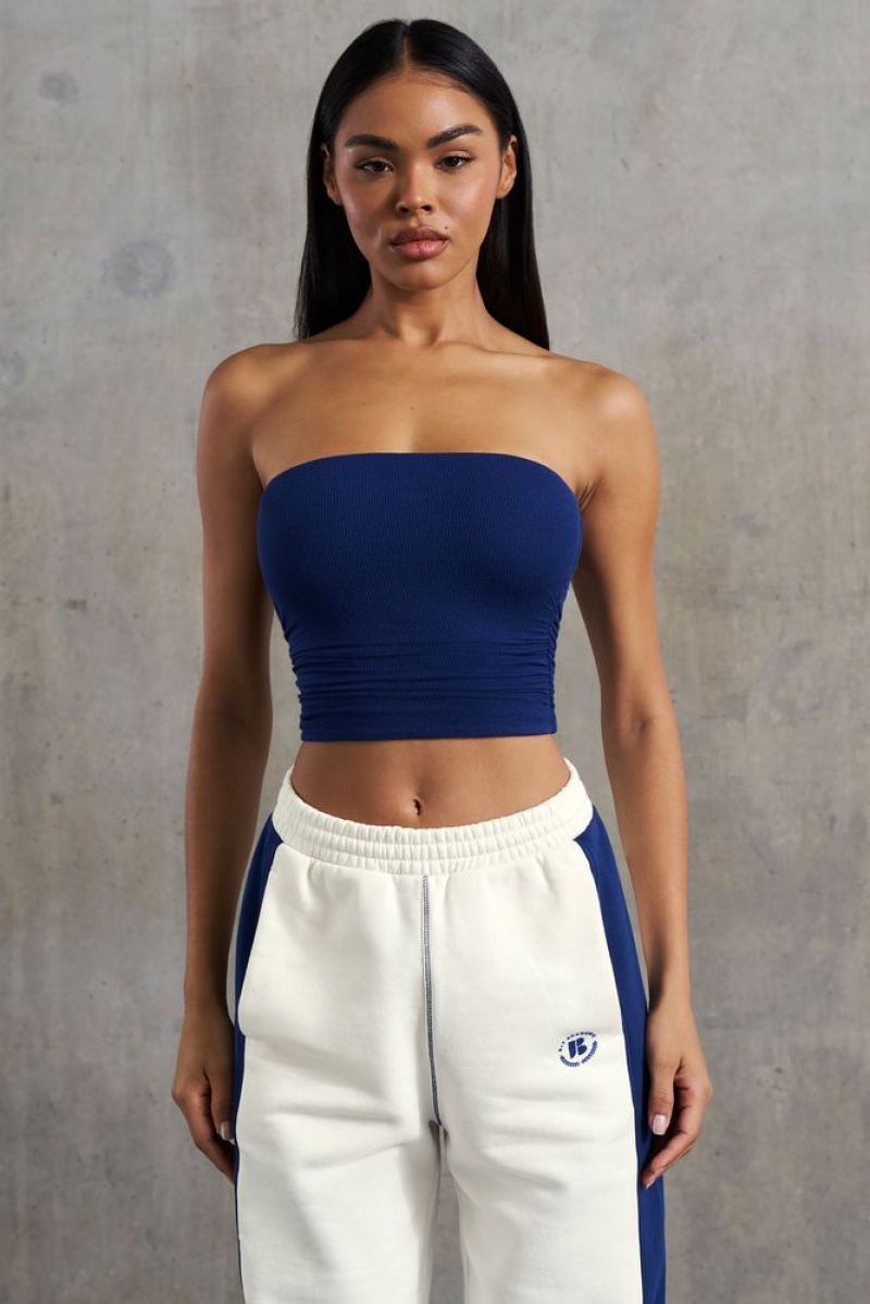 Navy Oh Polly Ability Soft Rib Ruched Bandeau Top | VHBW-73490