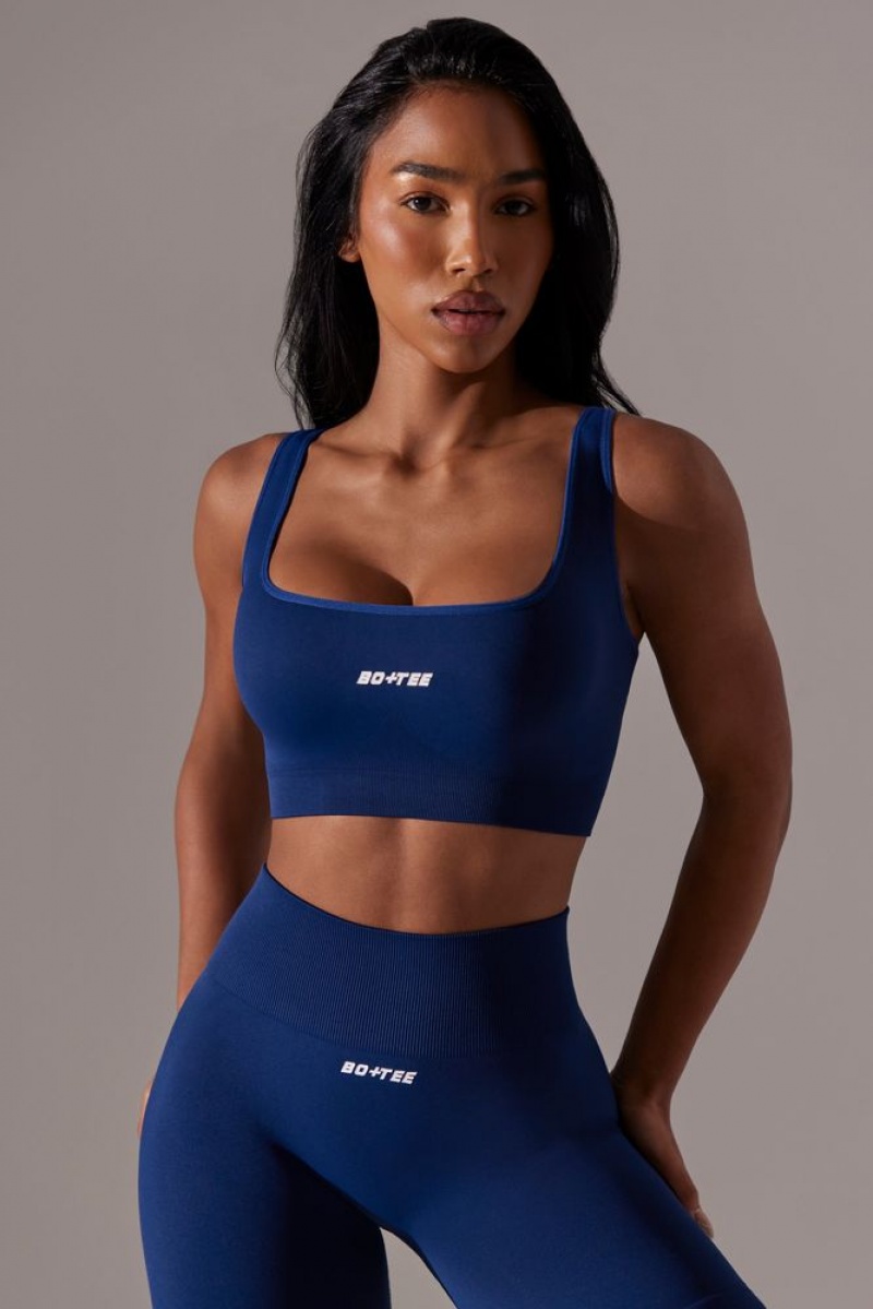 Navy Oh Polly Ardour Open Back Square Neck Sports Bra | WYNI-65470