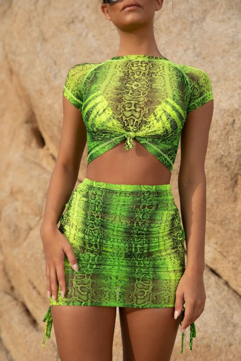 Neon Green Oh Polly Pretty Python Snake Print Mesh Ruched Mini Skirt | POED-25813