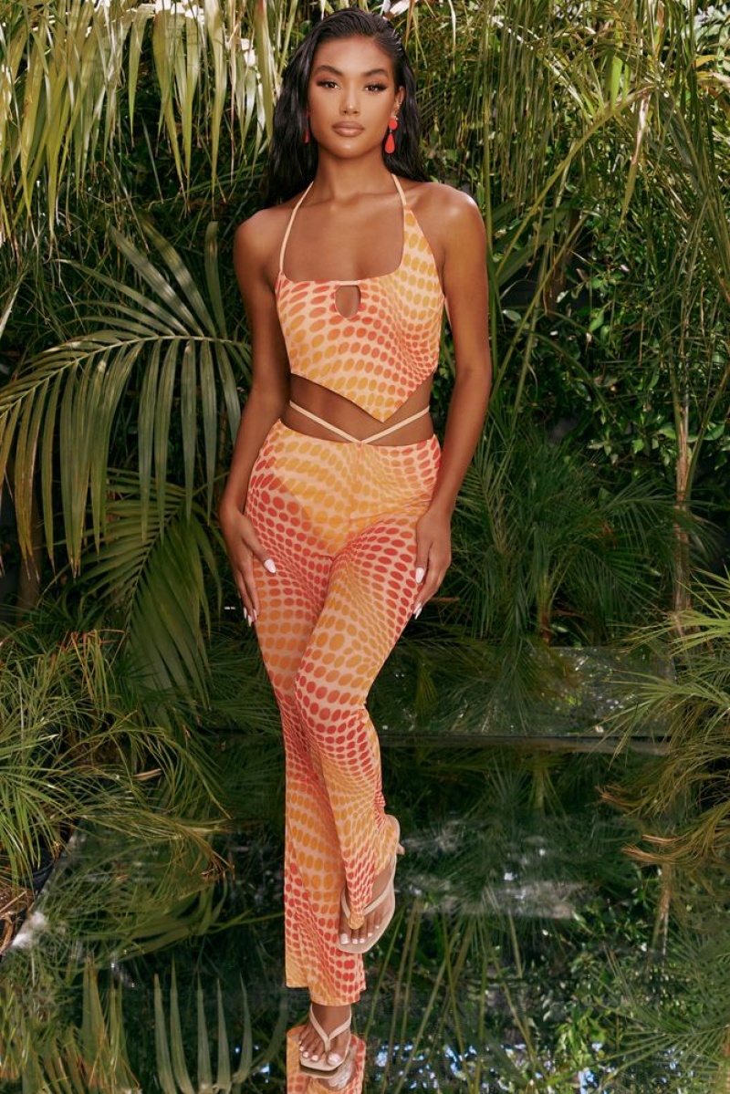 Orange Oh Polly Match It Up Tall Printed Mesh Flared Trousers | DVRS-19502