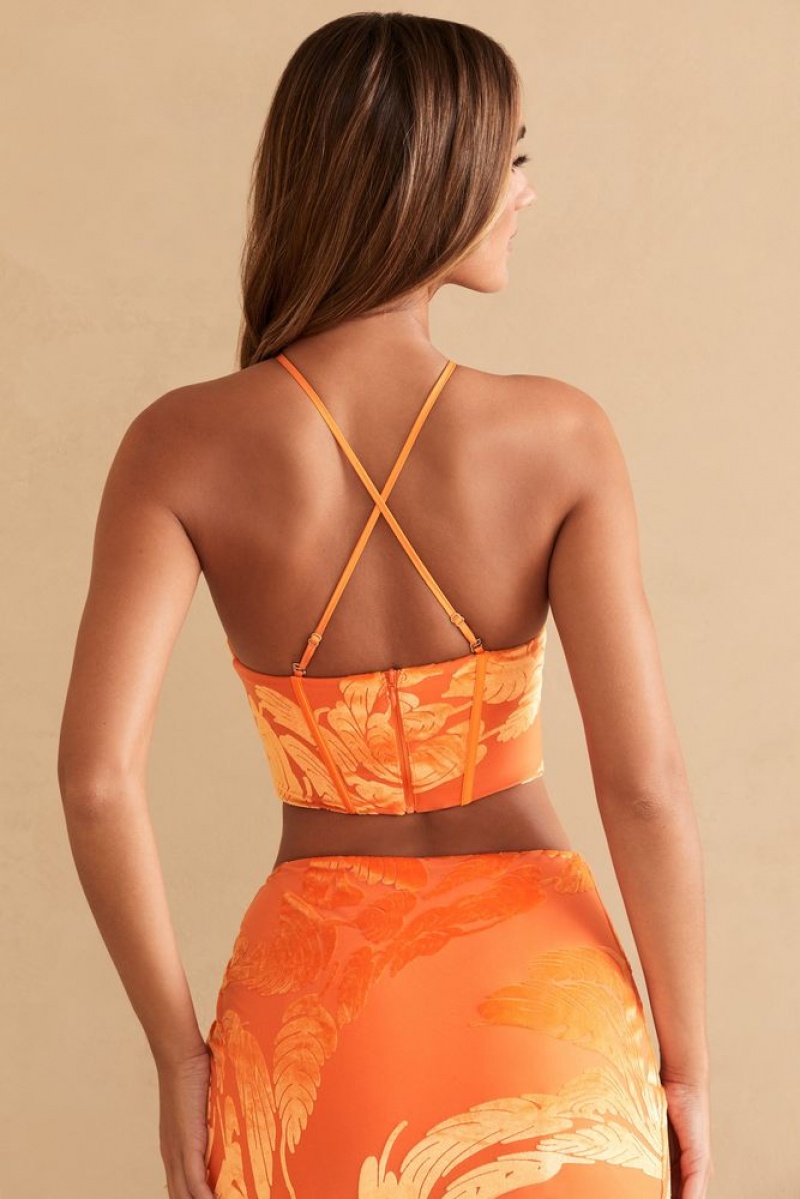 Orange Print Oh Polly Emel Ring Detail Halter Neck Crop Top | TDMJ-35867